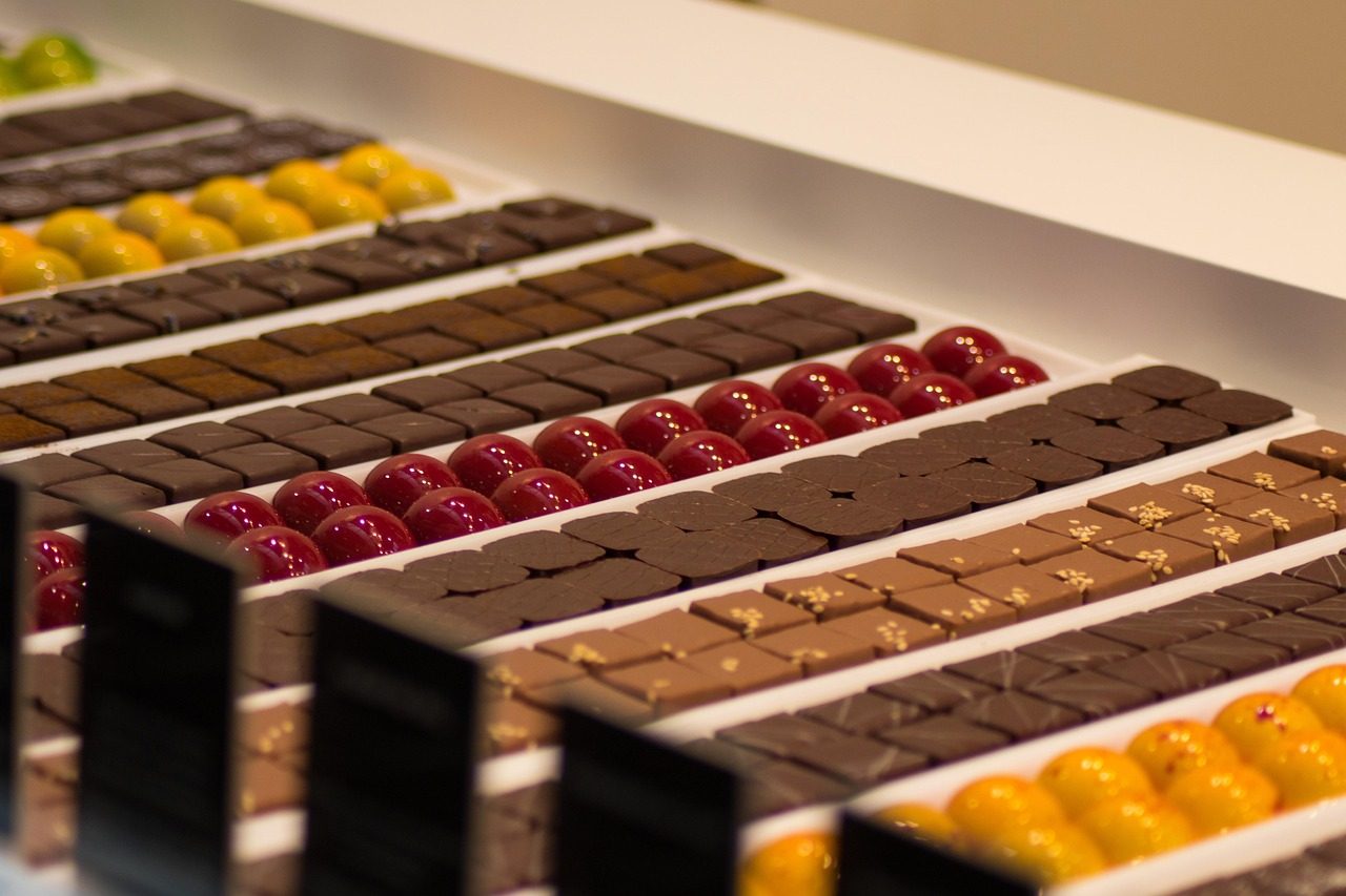 A luxury chocolatier display of fine pralines